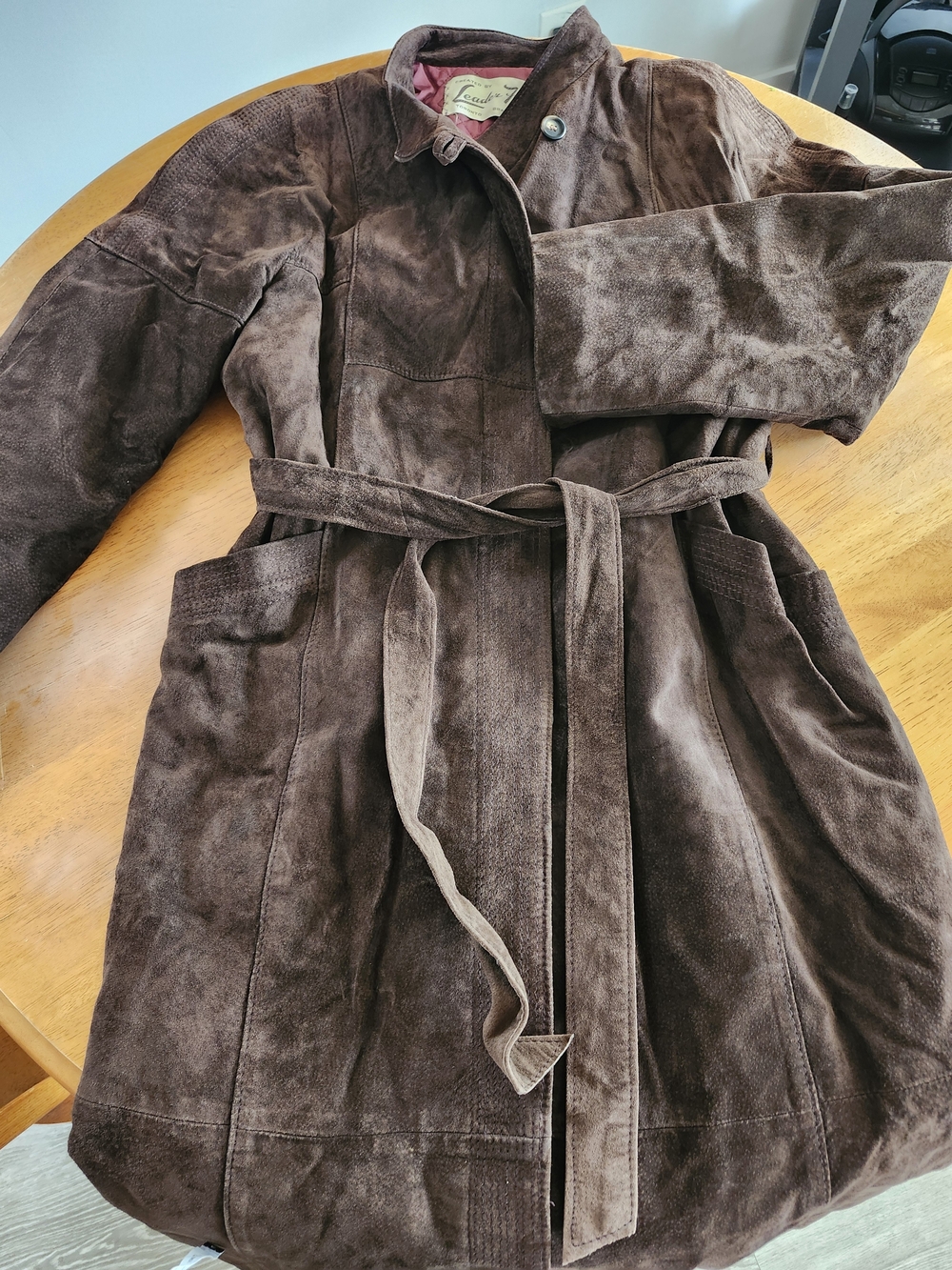 True Vintage Leather Suede Coat, Leader Furs, Brown, Satin Lining, Size 14